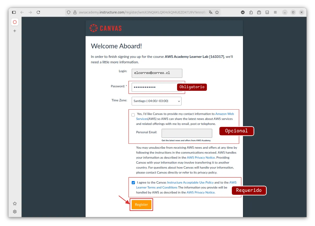 Crear password y aceptar politicas