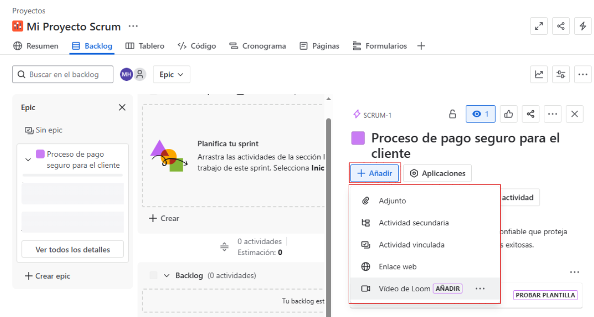 Añadir elemento a la épica