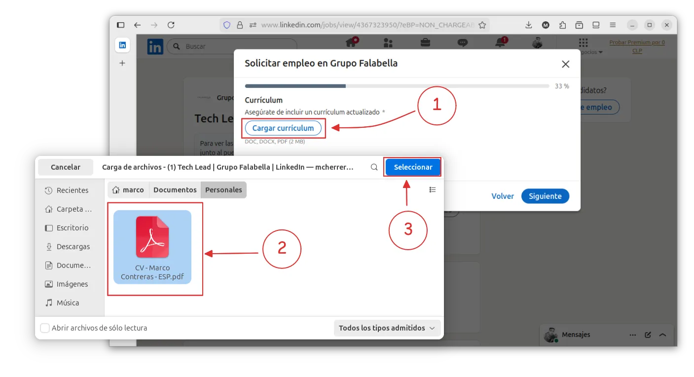 Cargar cv desde solicitud de empleo