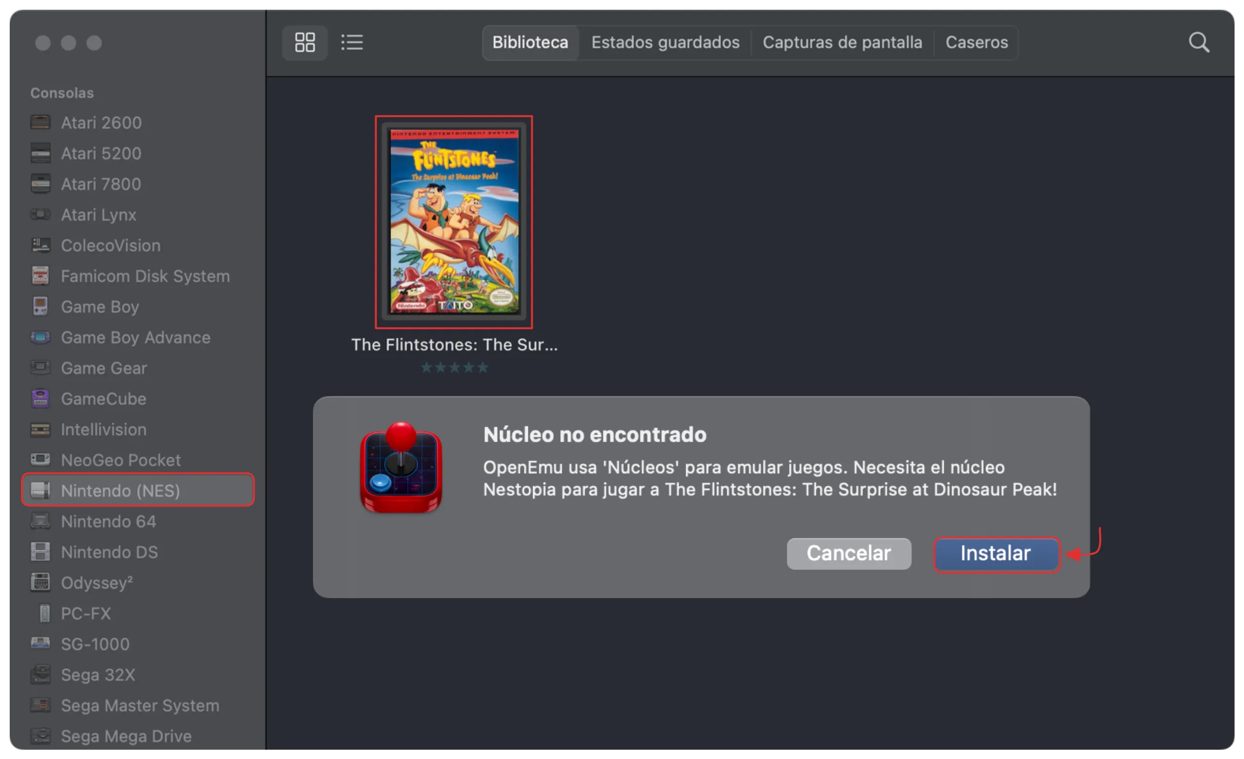 OpenEmu instalar núcleo para la plataforma nes