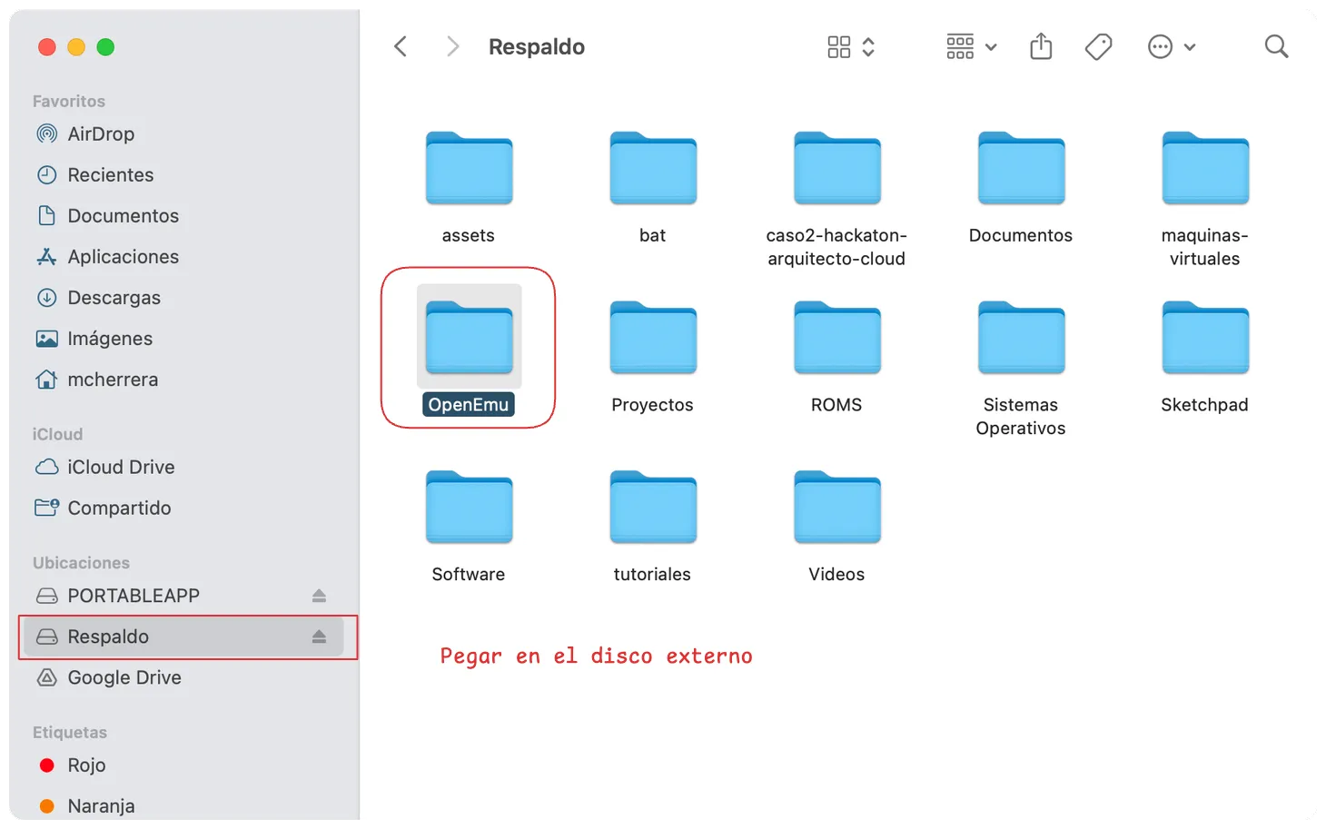 Pegar carpeta en disco externo
