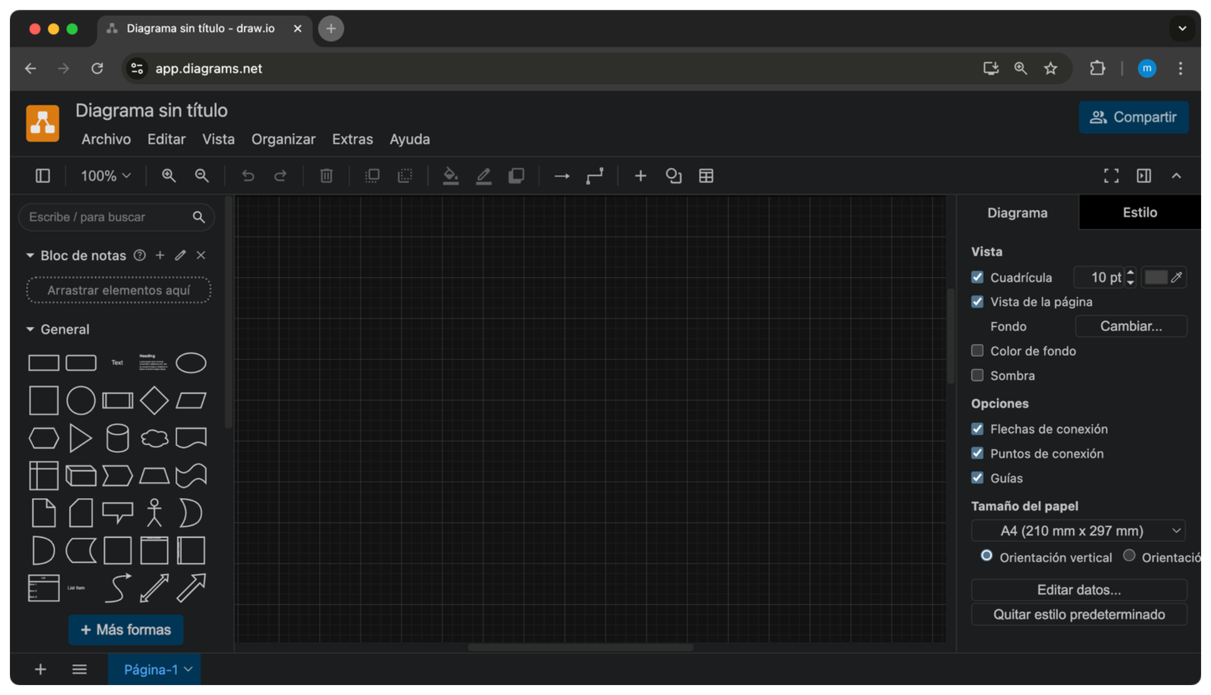 Pantalla principal de Draw.io