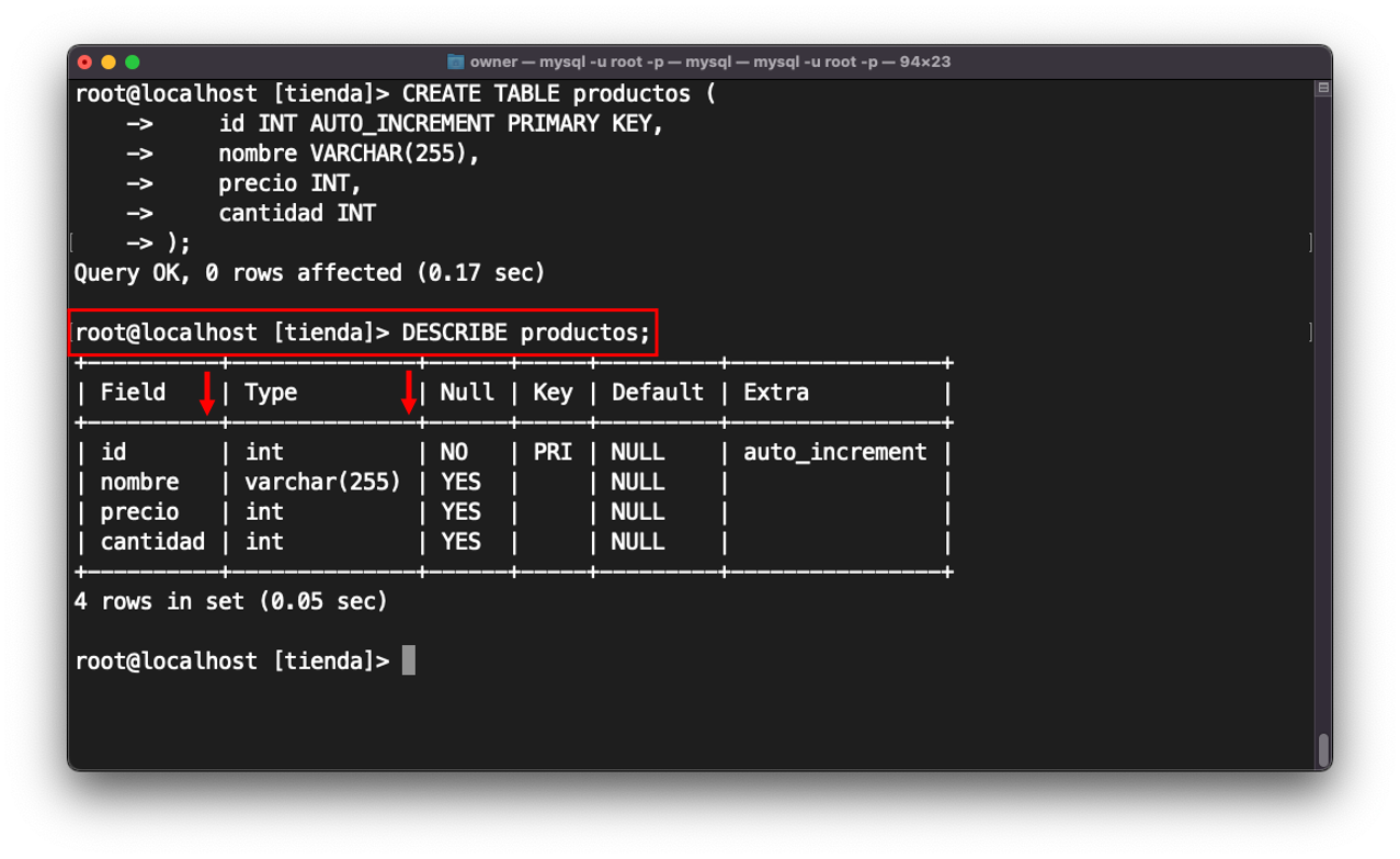 mysql describe productos