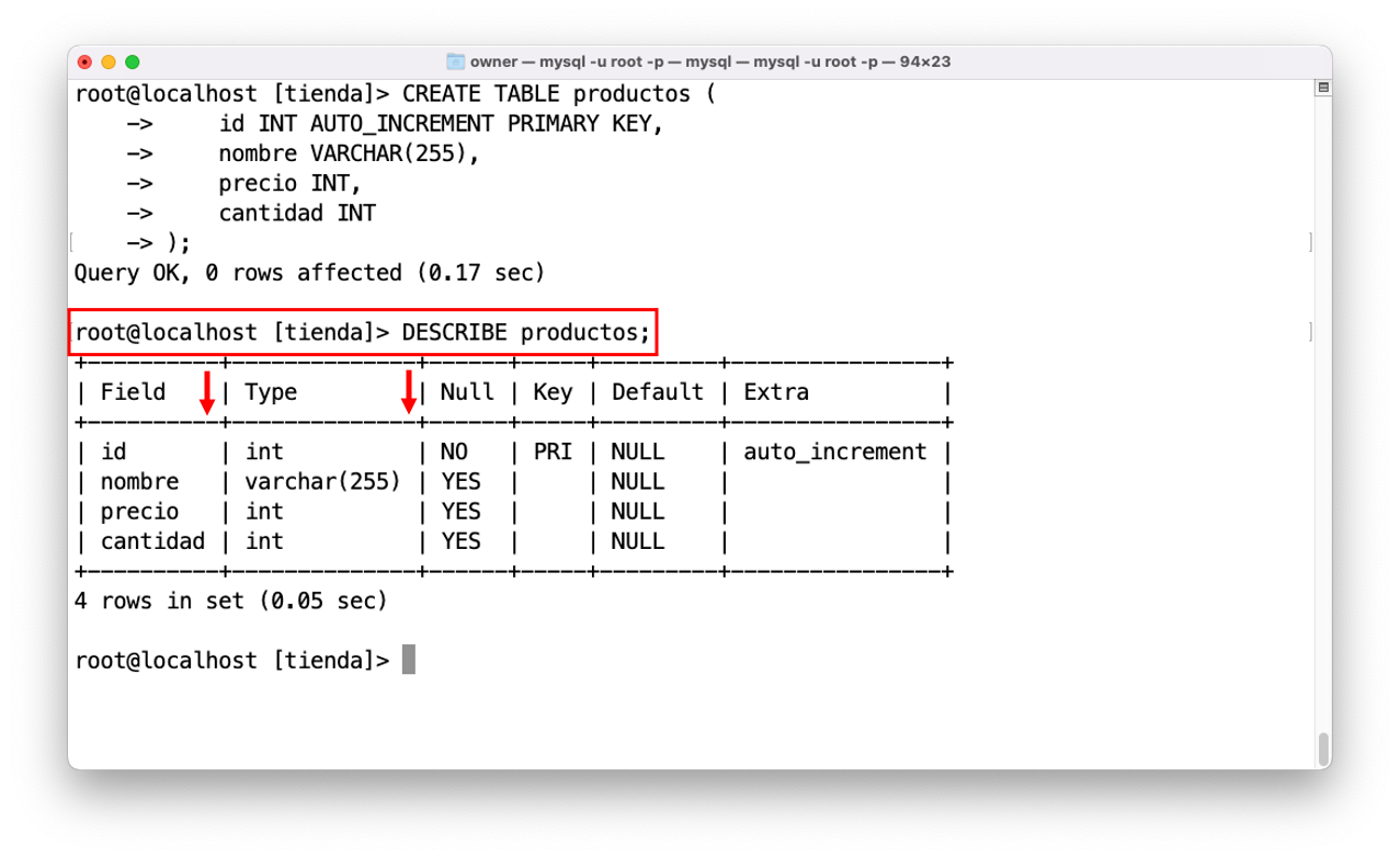 mysql describe productos