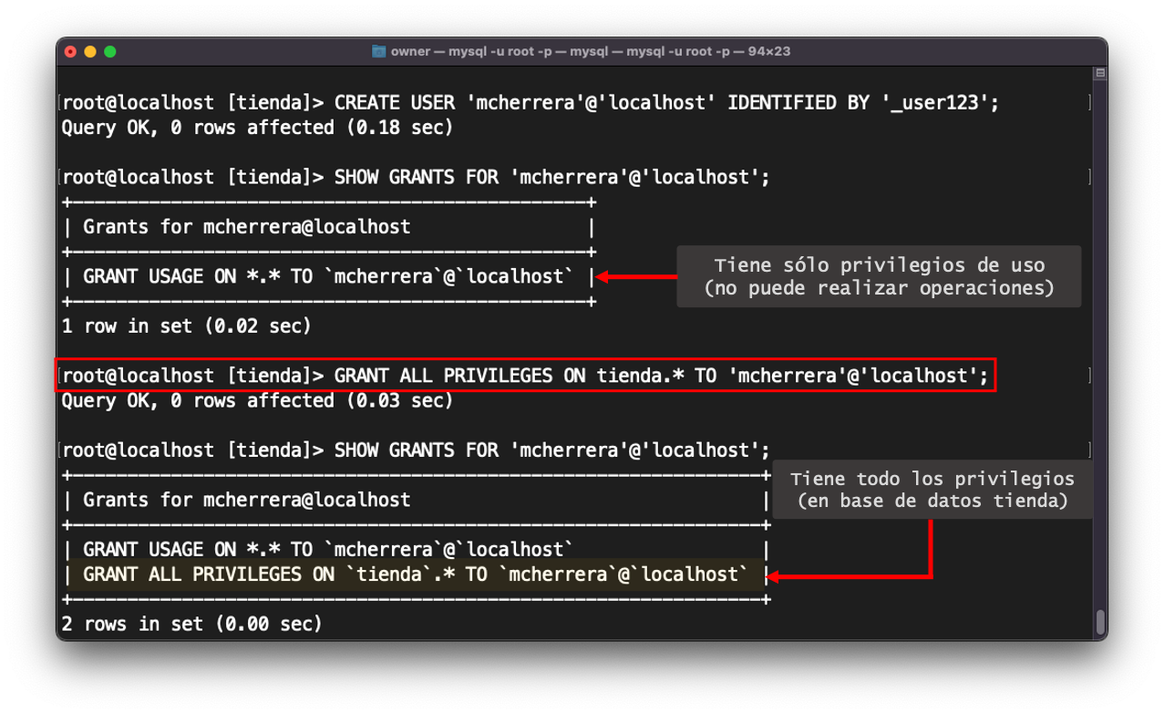 Otorgar privilegios a un usuario