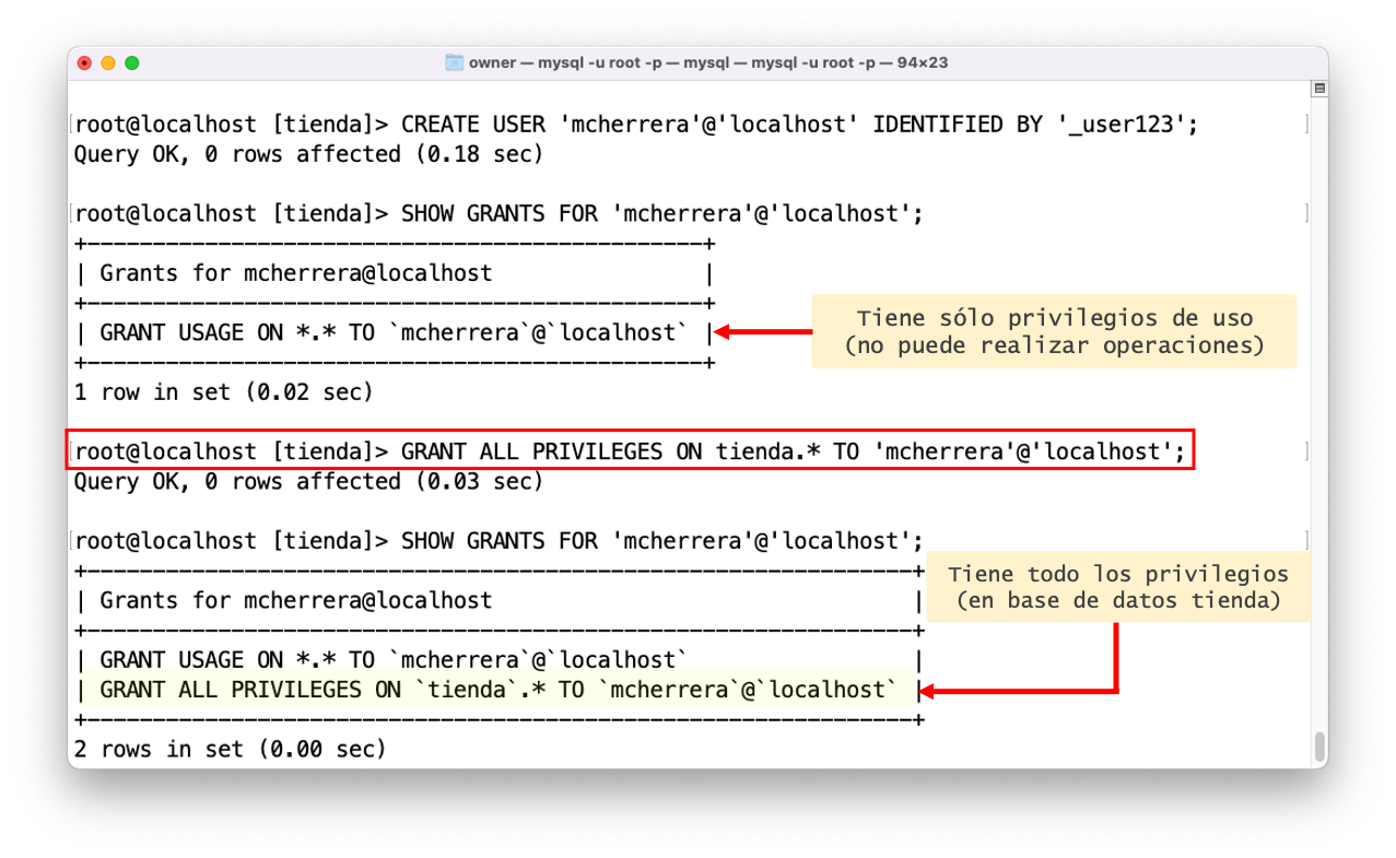 Otorgar privilegios a un usuario